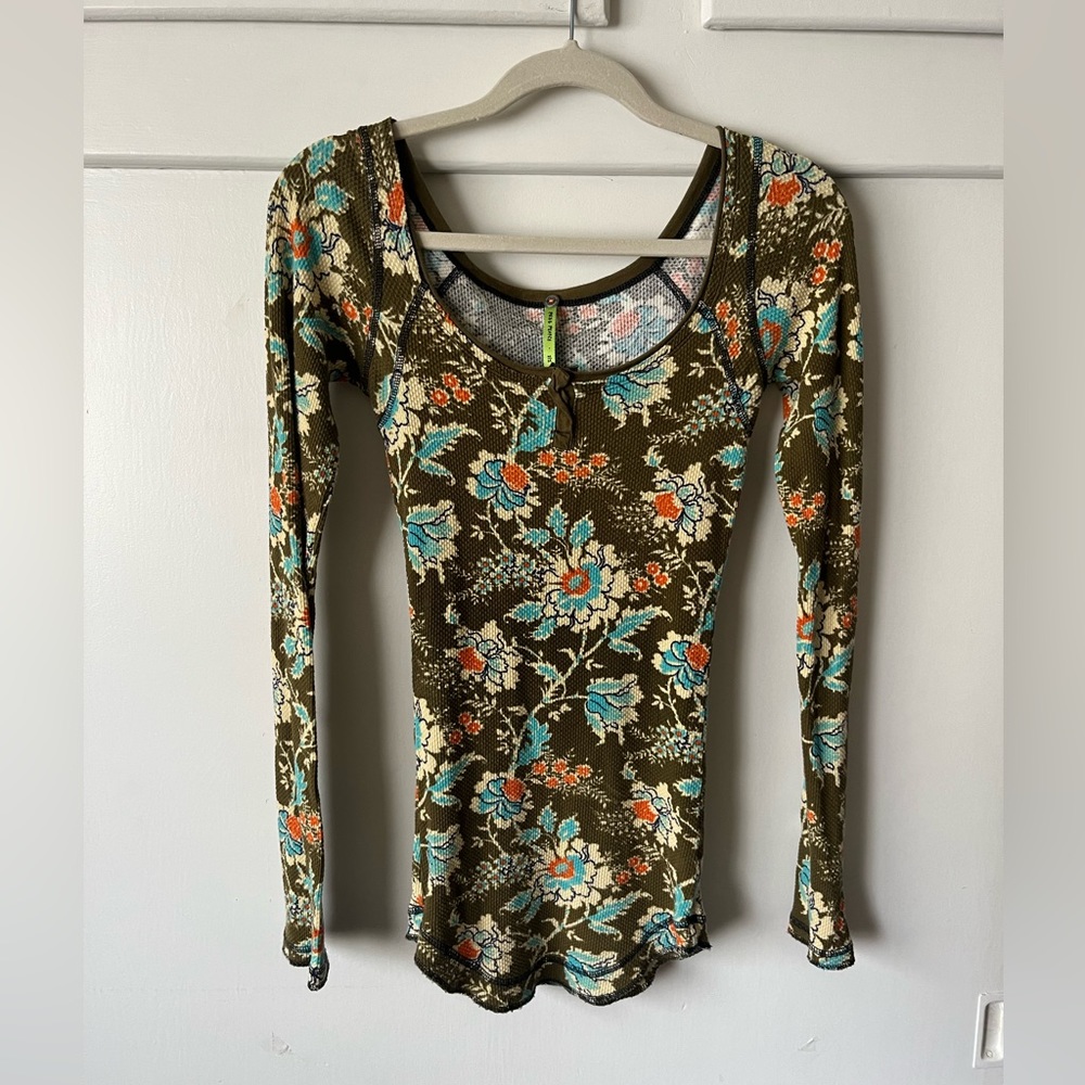 Free People Thermal Weave Floral Boat Neck Top